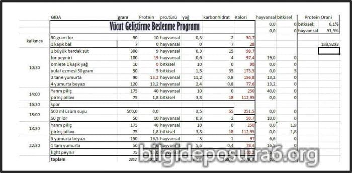 Vücut geliştirici beslenme programı ve diyet listesi